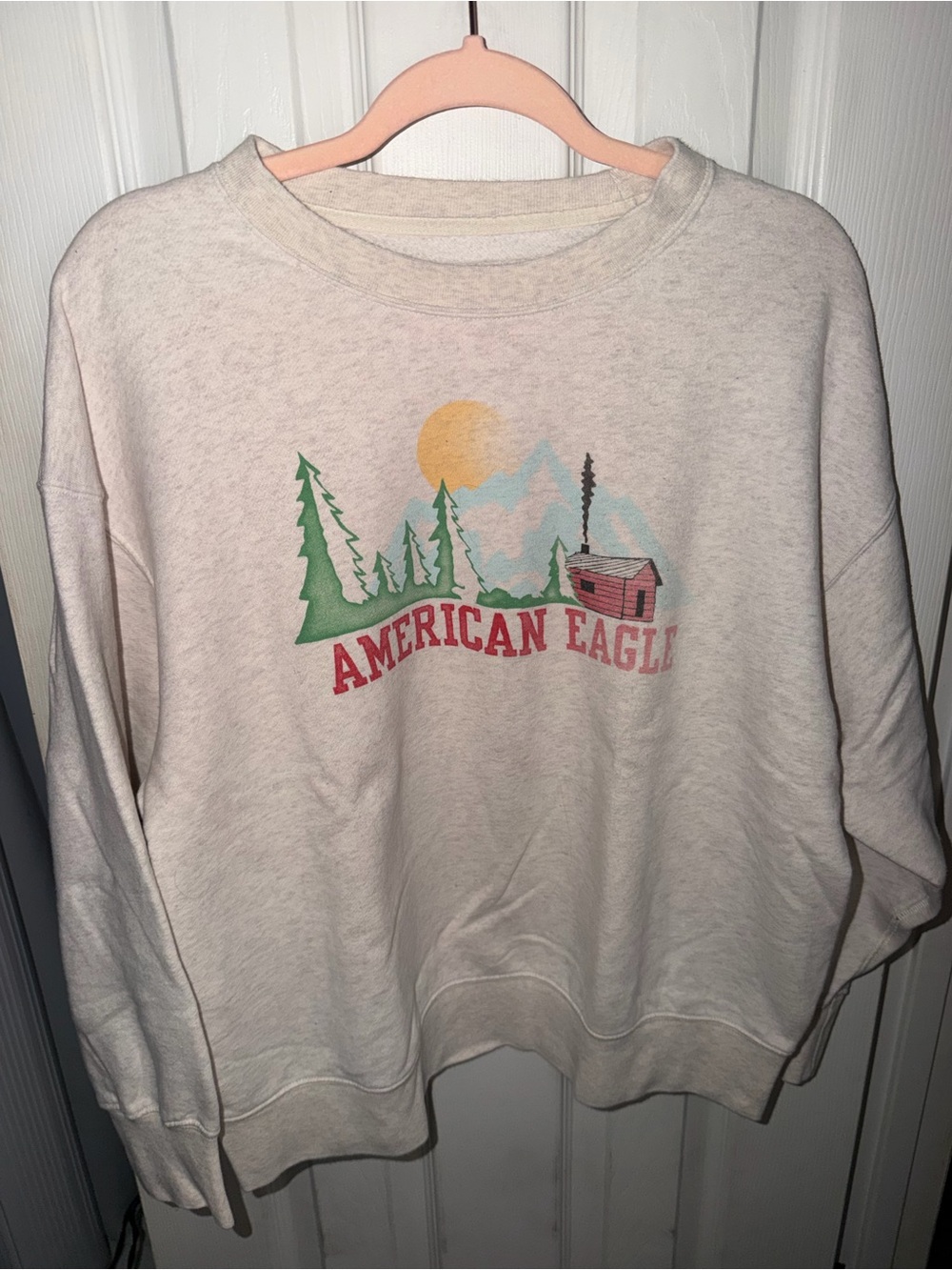 American Eagle Outfitters Cream Crewneck Sweatshirt with Outdoor Graphic
